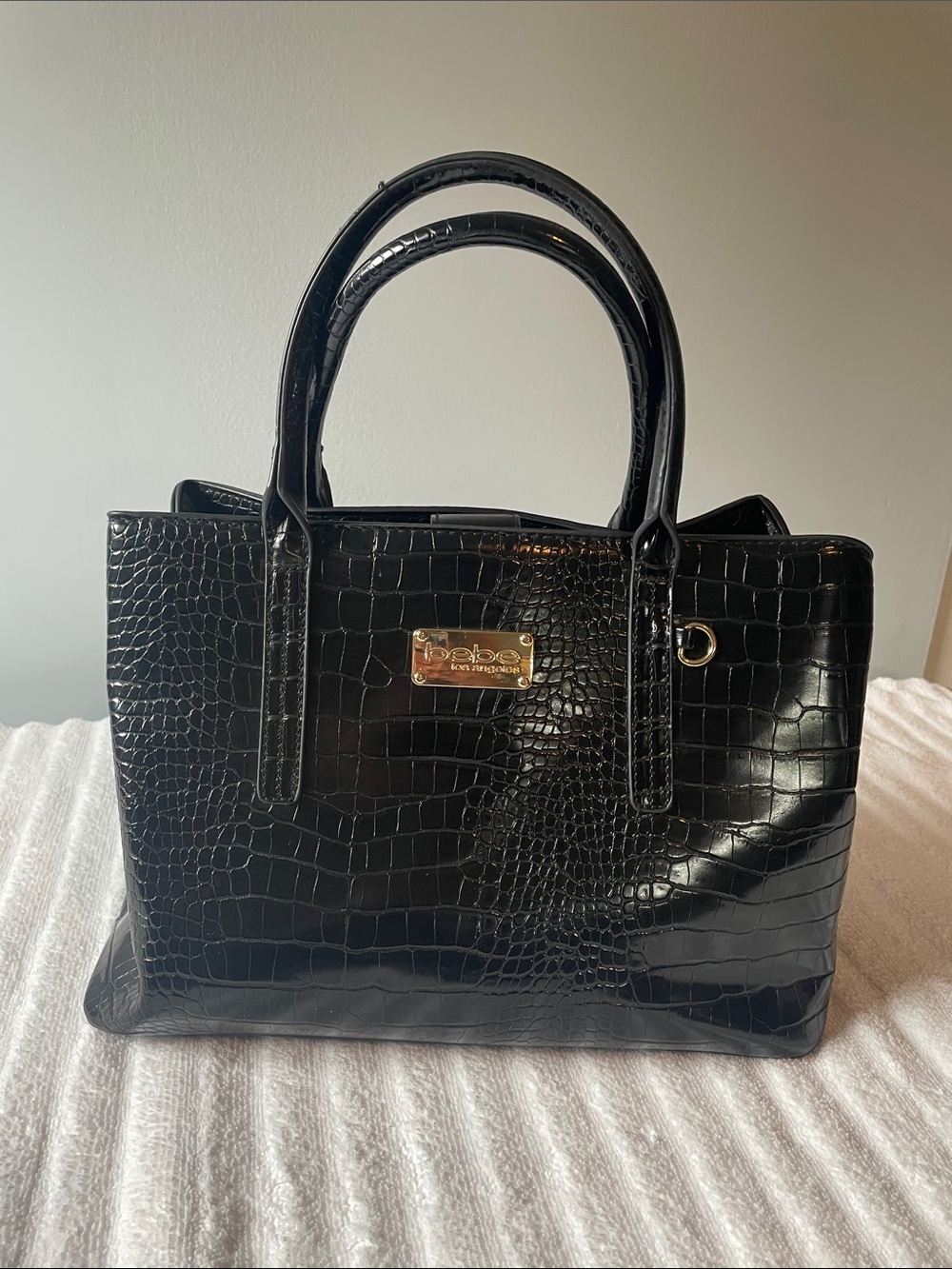 bebe Black Croc-Embossed Structured Tote with Gold Plaque